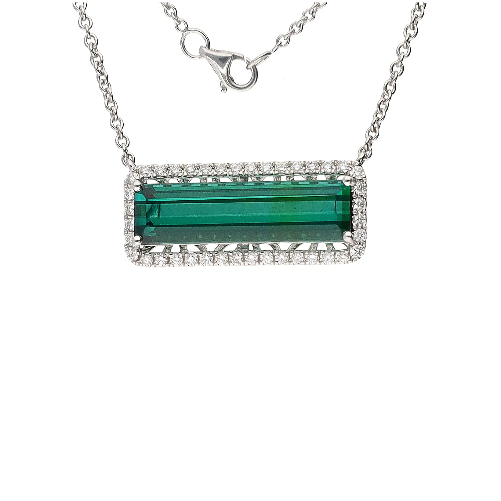 Exquisite 18K White Gold Necklace with Emerald Cut Green Tourmaline and Diamond - 16 Inches