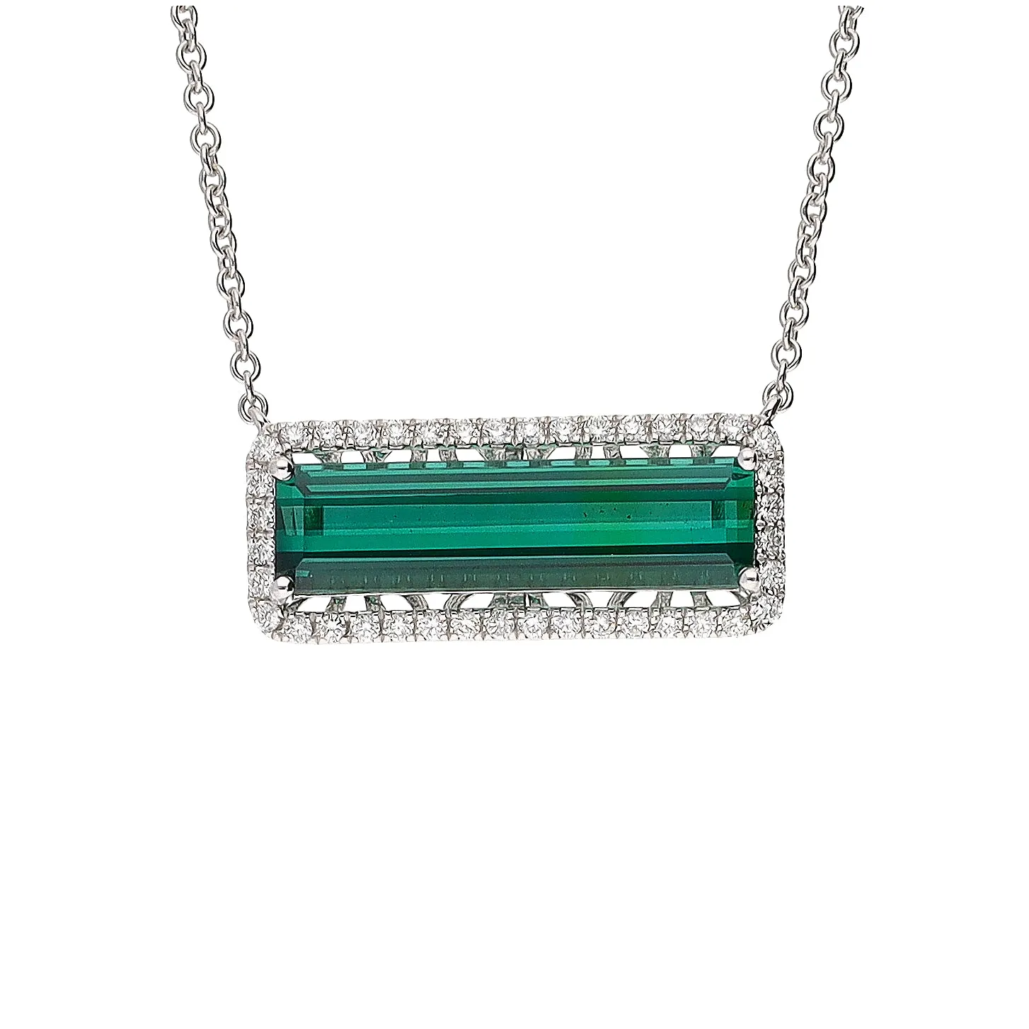 Exquisite 18K White Gold Necklace with Emerald Cut Green Tourmaline and Diamond - 16 Inches