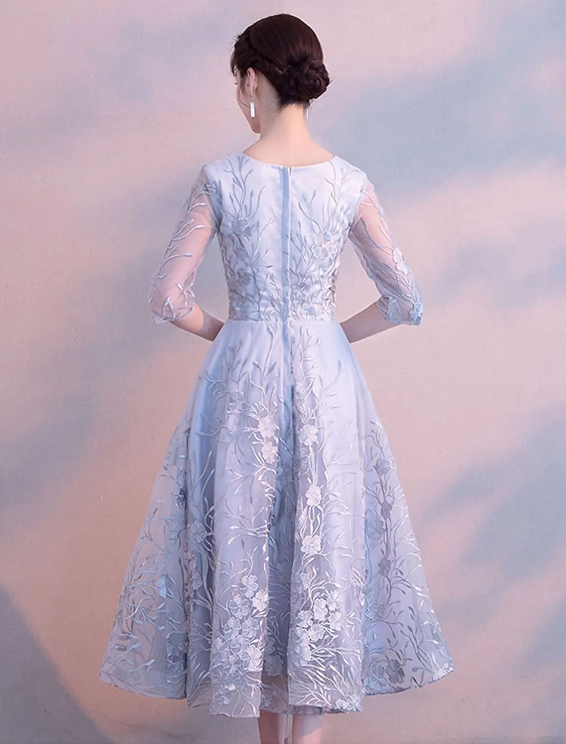 A-Line Elegant Cocktail Party Prom Dress Length Sleeve Length Lace with Lace Appliques