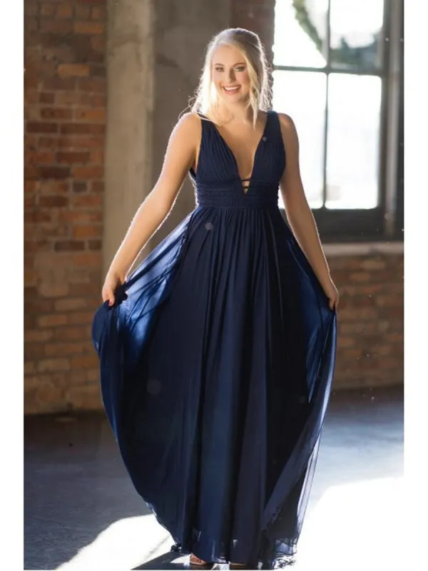 A Line V Neck Backless Pleated Pearl Pink/Navy Blue Chiffon Long Prom, Pink/Navy Blue Formal Graduation Evening