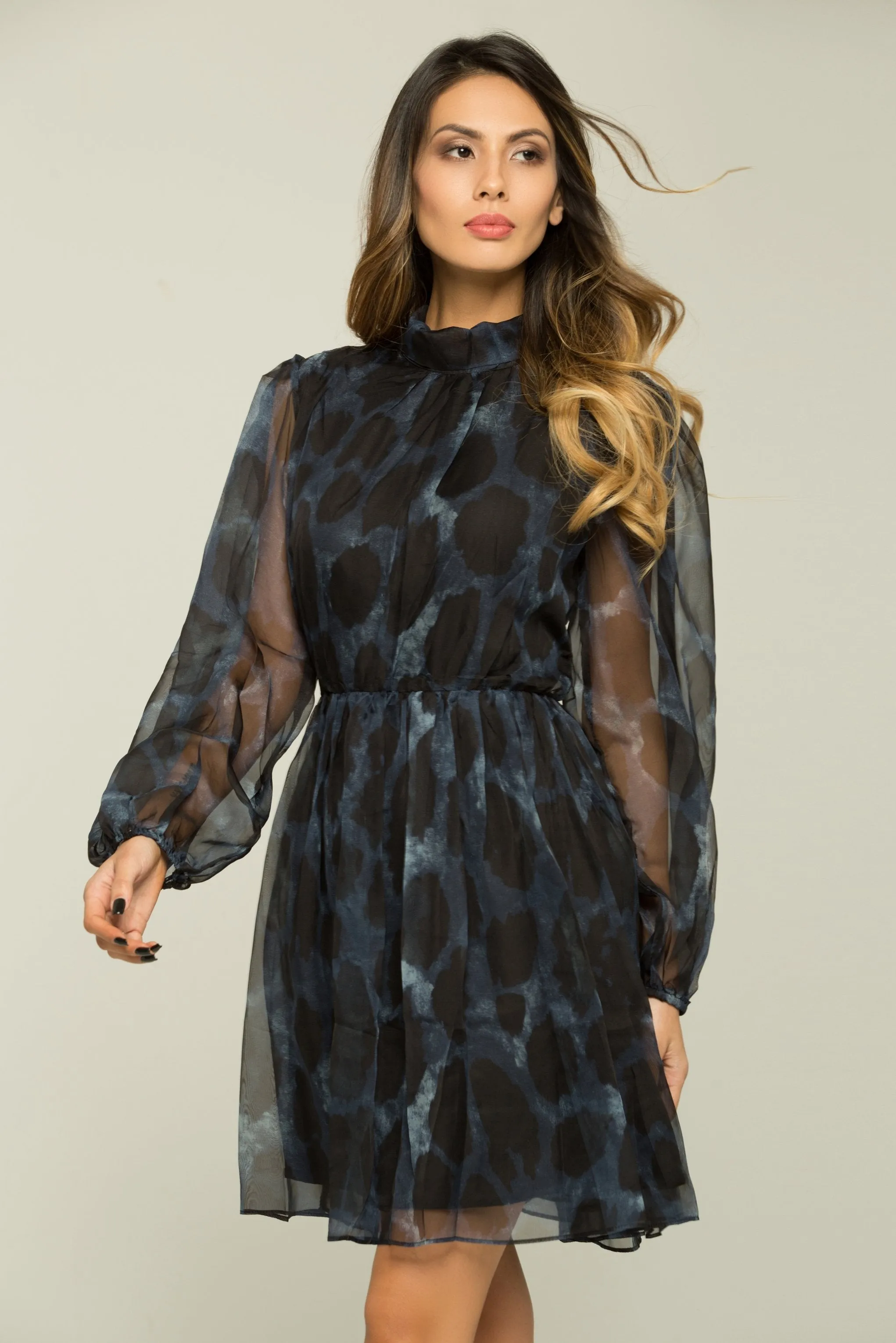 Acid Blue and Black Cinched Dress with Belt