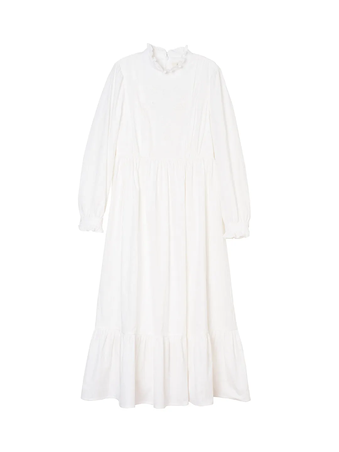 Afra White Stand-up Collar Bubble Sleeve Dress