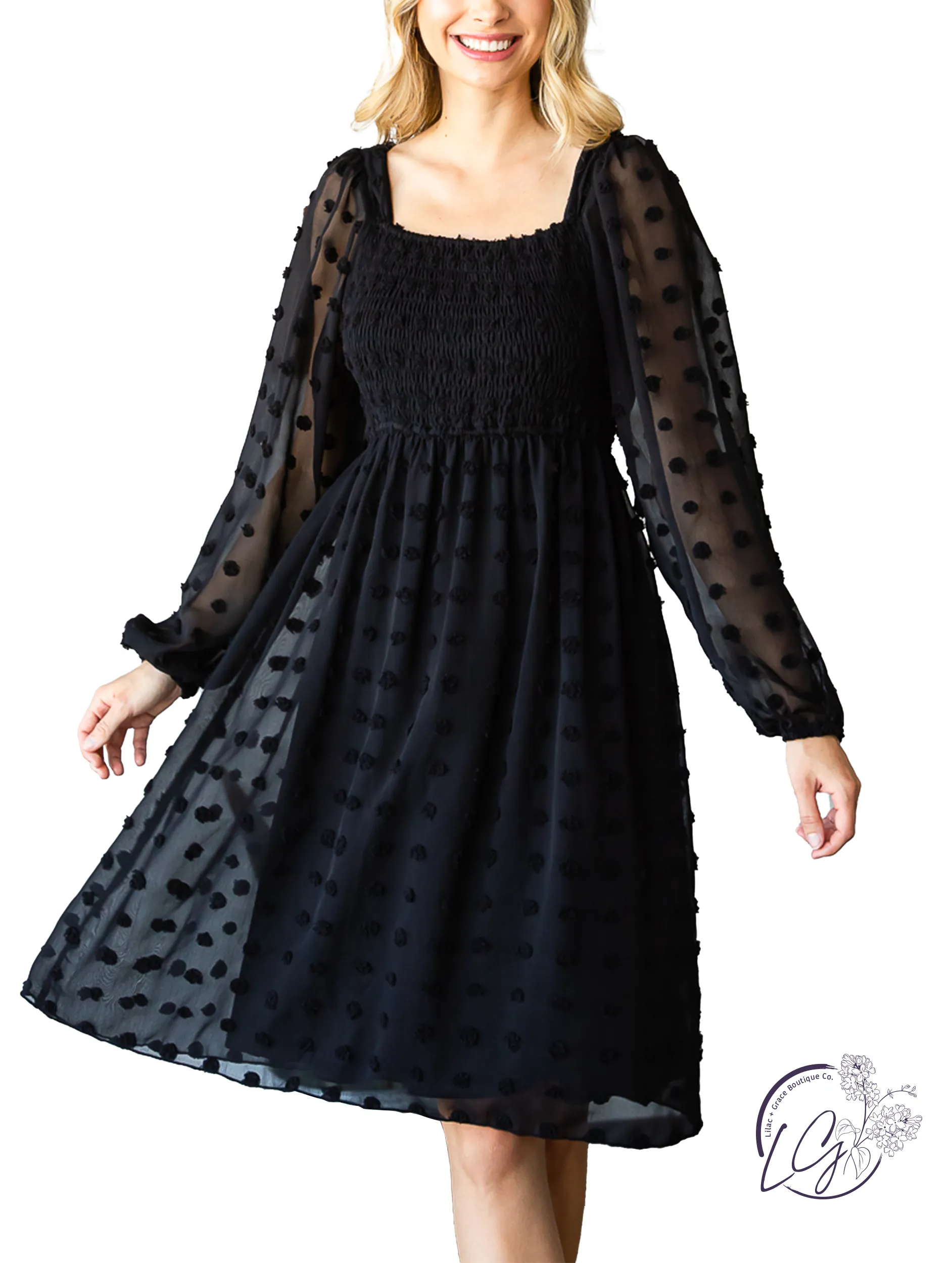Elegant Alpine Breeze Swiss Dot Chiffon Dress with Flattering Fit and Feminine Flair
