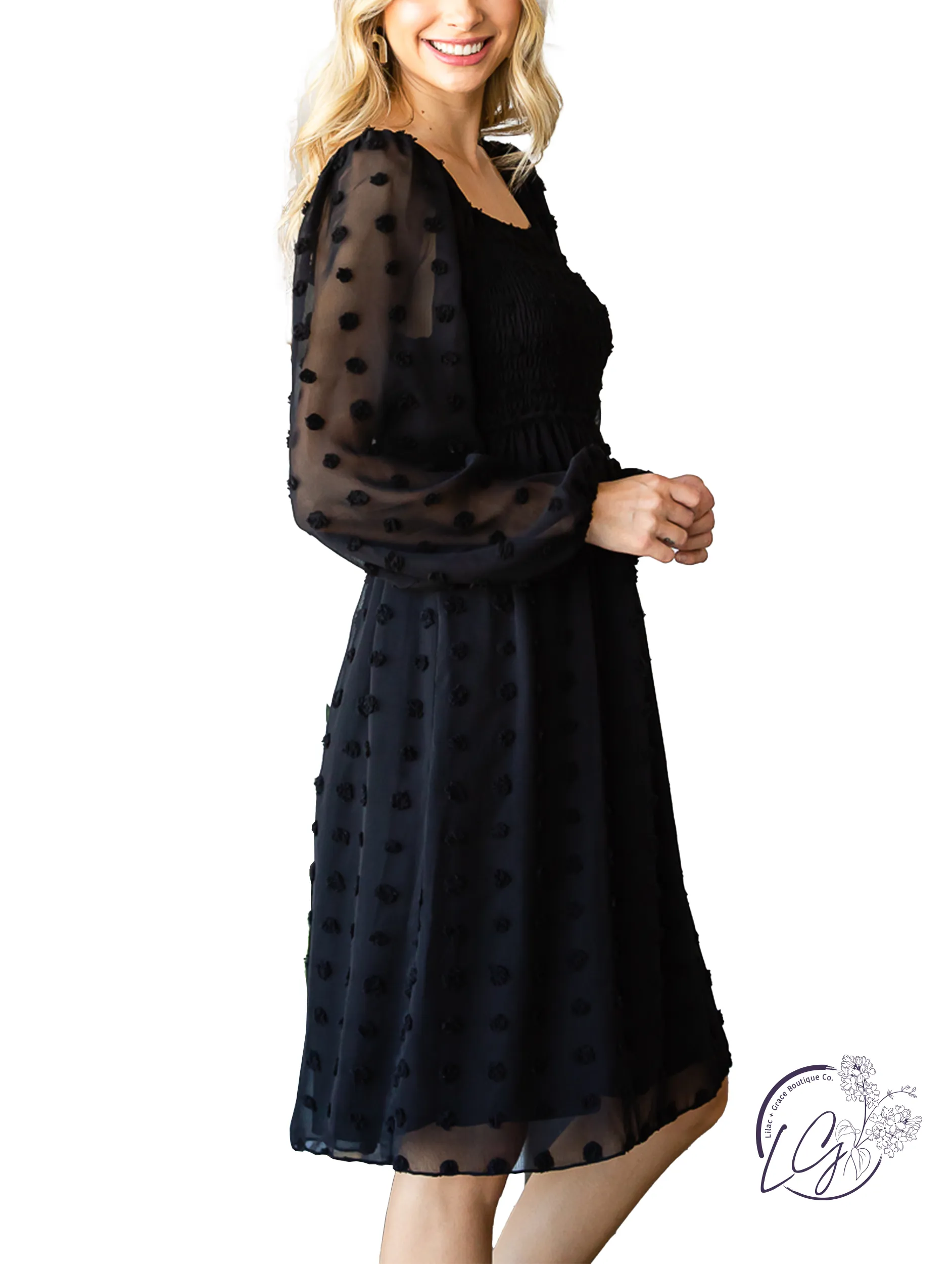 Elegant Alpine Breeze Swiss Dot Chiffon Dress with Flattering Fit and Feminine Flair