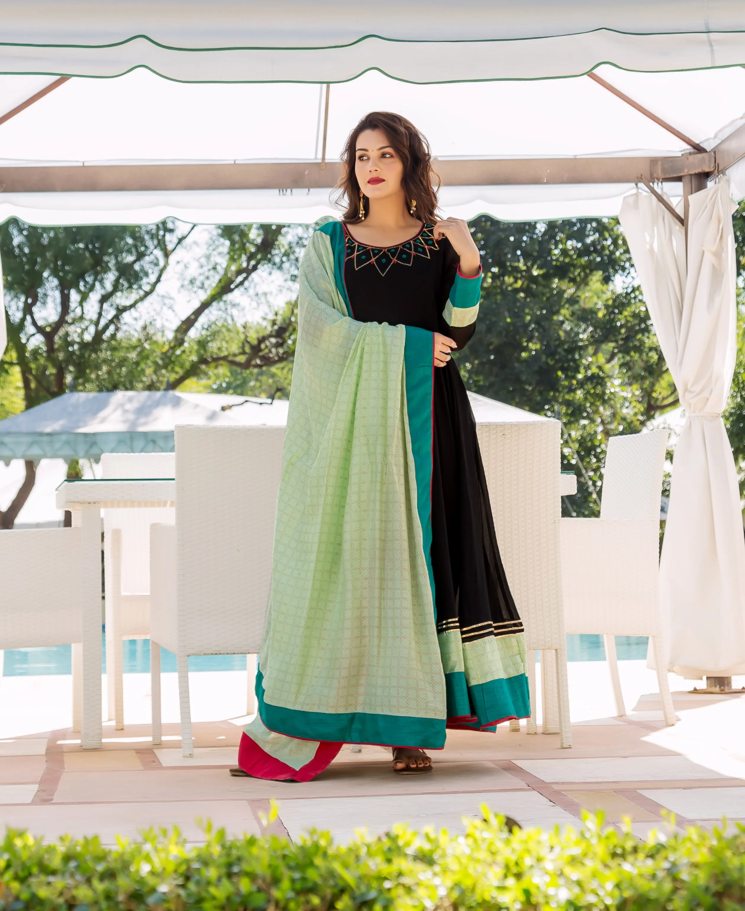 Aswi Black and Lime Anarkali Dress