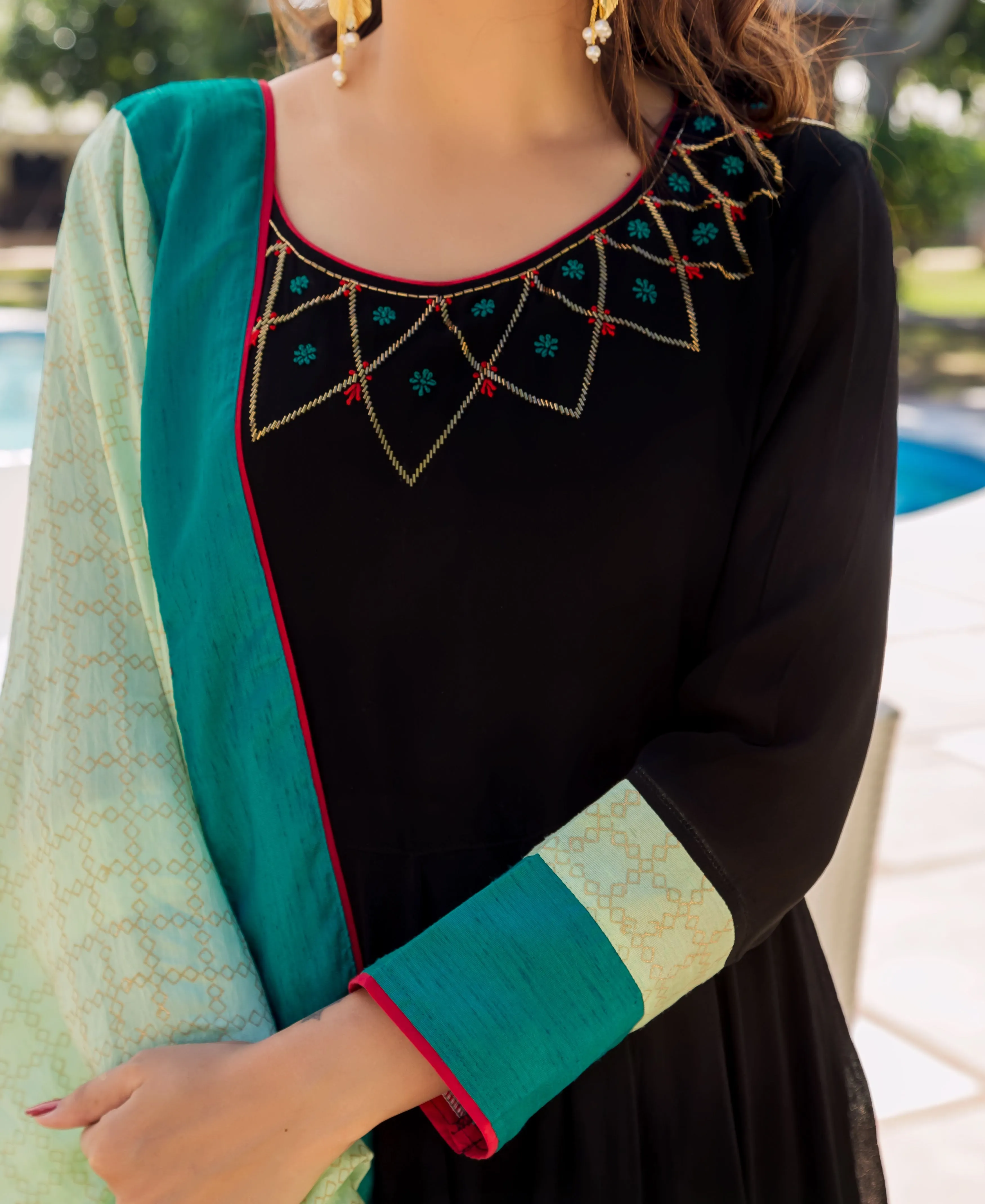 Aswi Black and Lime Anarkali Dress