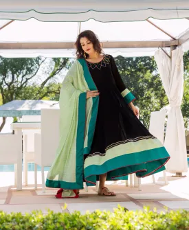 Aswi Black and Lime Anarkali Dress