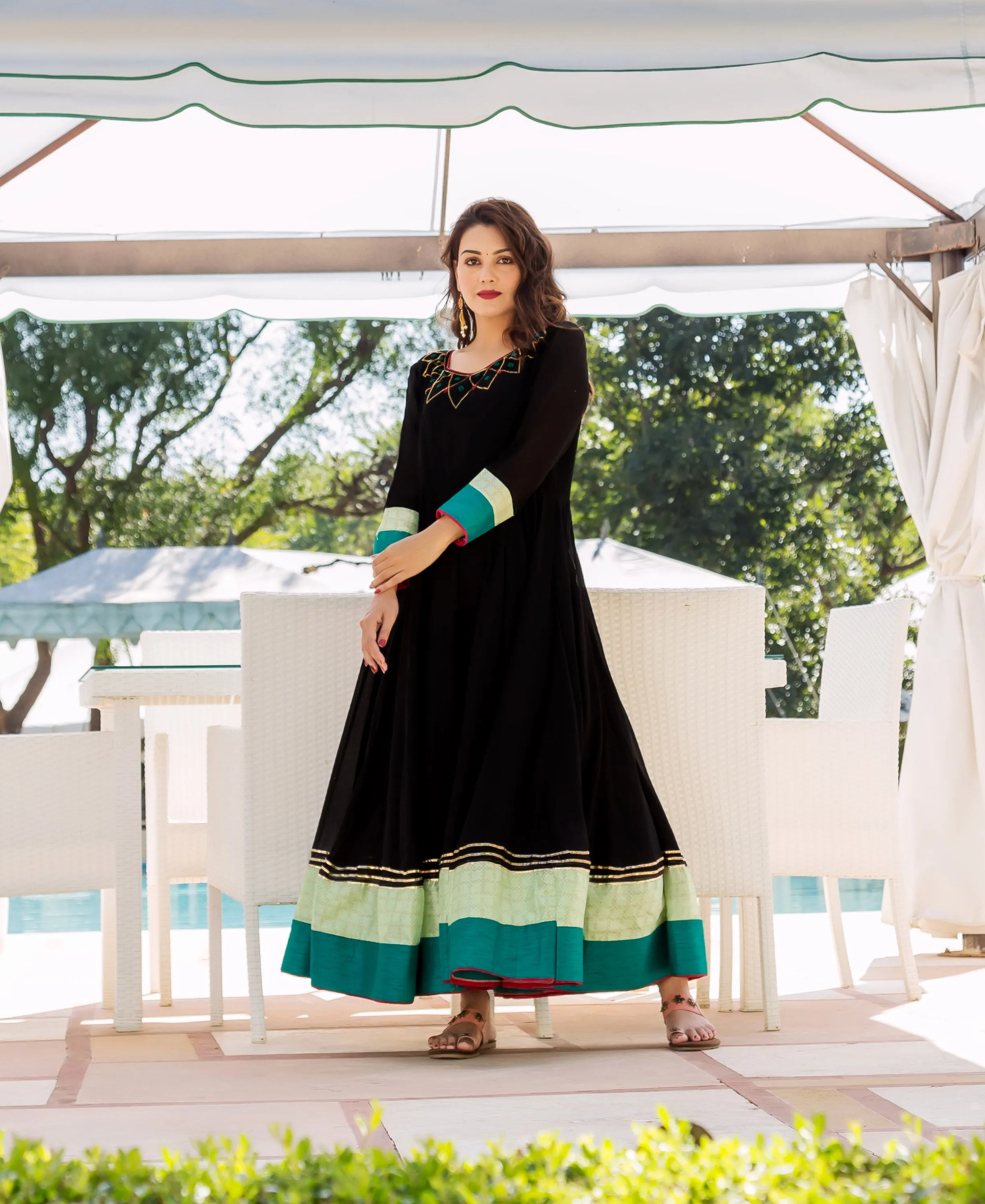 Aswi Black and Lime Anarkali Dress