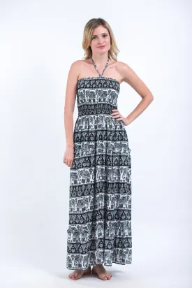 Aztec Elephants Smocked Bandeau Maxi Dress in Black White