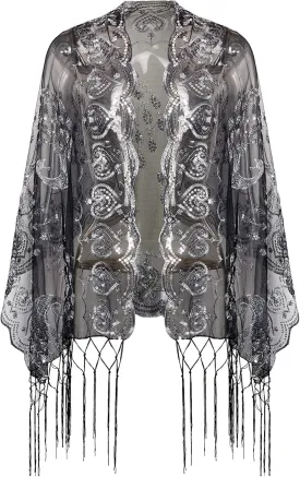 BABEYOND 1920s Sequined Shawl Wraps for Women Fringed Evening Cape Wedding Bridal Shawl Scarf for Evening Dresses Party