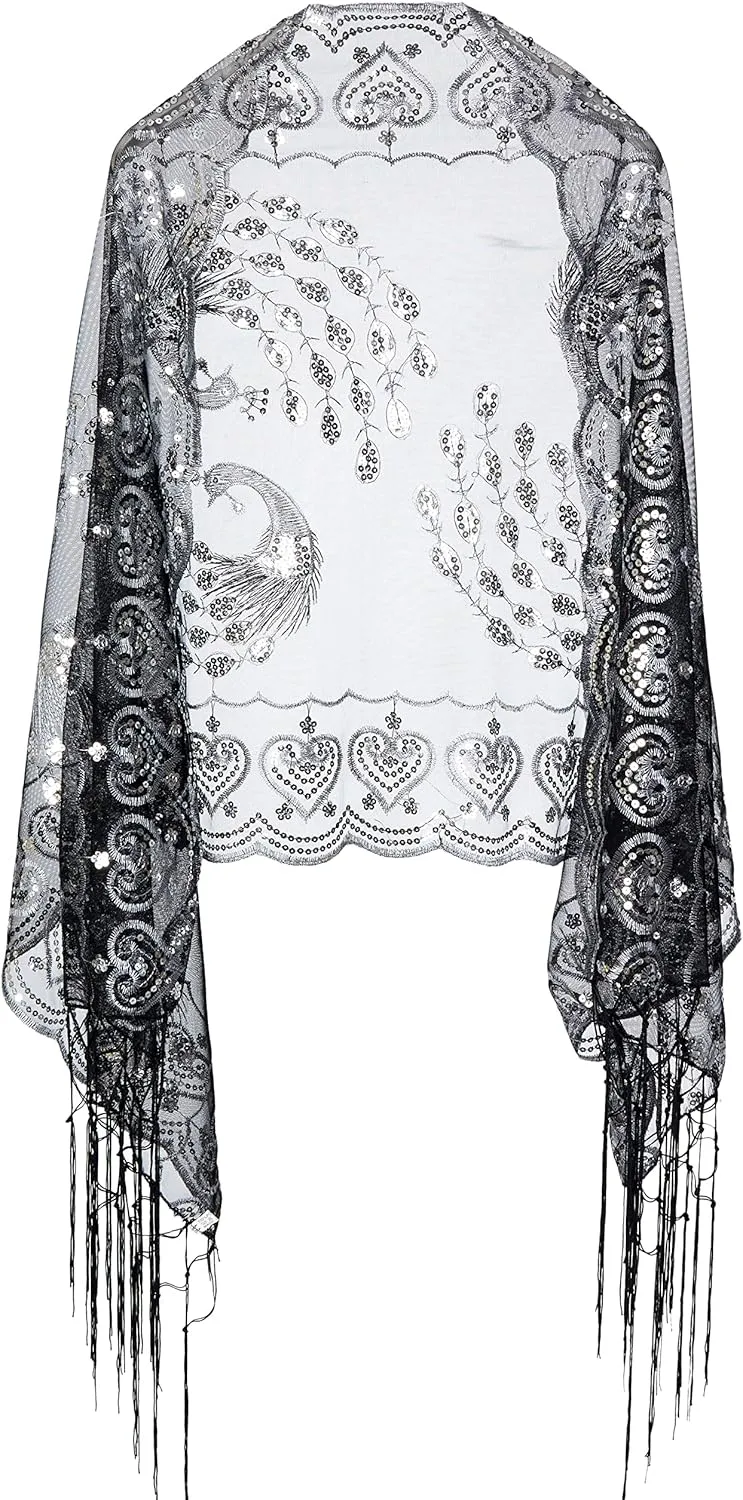 BABEYOND 1920s Sequined Shawl Wraps for Women Fringed Evening Cape Wedding Bridal Shawl Scarf for Evening Dresses Party