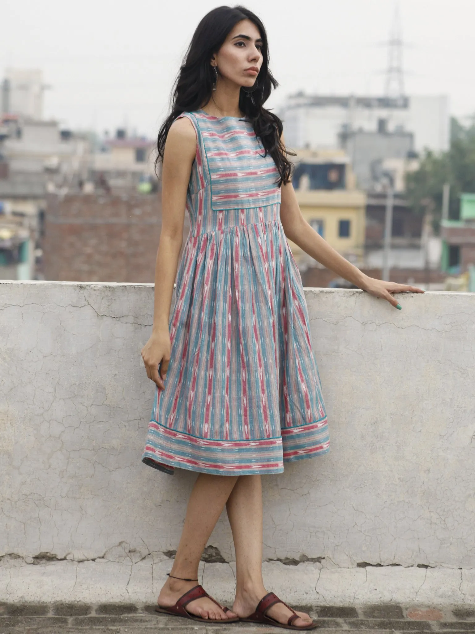 Beige Pink Sea Green Ivory Ikat Sleeveless Dress With Gathers & Side Pockets  - D68F726
