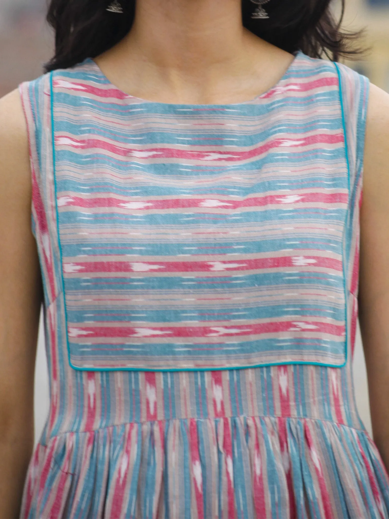 Beige Pink Sea Green Ivory Ikat Sleeveless Dress With Gathers & Side Pockets  - D68F726
