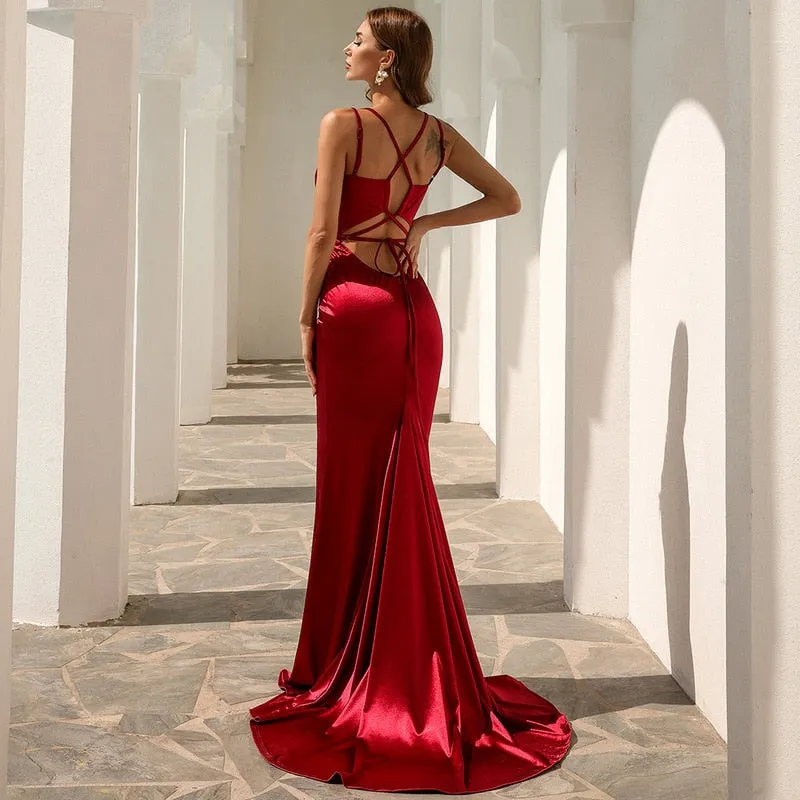 BerriesJam - 2024 Spaghetti Straps V-neck Satin Backless Long Party Dress