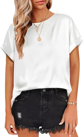 Beyove Women's Short Sleeve Pullover Blouses Satin Silk Shirts Casual Loose Elegant Work Tunic Tops