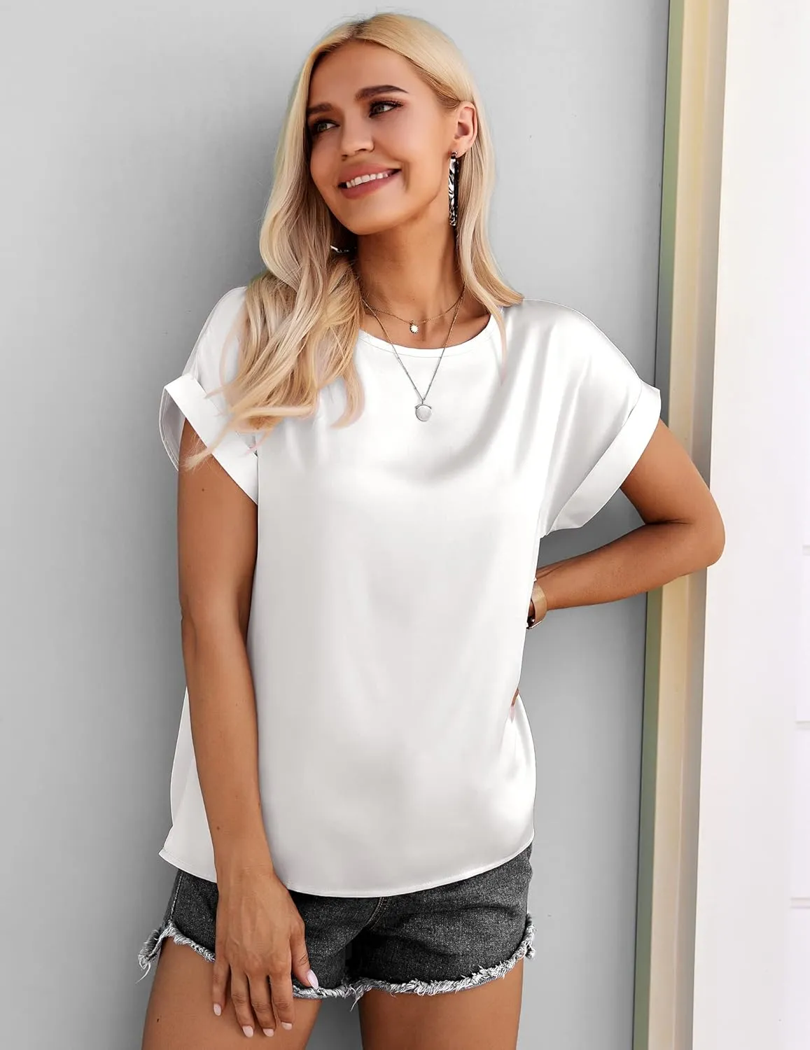 Beyove Women's Short Sleeve Pullover Blouses Satin Silk Shirts Casual Loose Elegant Work Tunic Tops