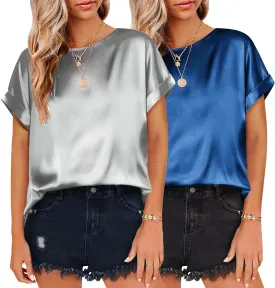 Beyove Women's Short Sleeve Pullover Blouses Satin Silk Shirts Casual Loose Elegant Work Tunic Tops