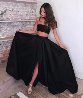 Black A Line 2 Pieces Satin Long Prom Dress with Leg Slit, 2 Pieces Black Graduation Dress, Formal Dress, Evening Dress