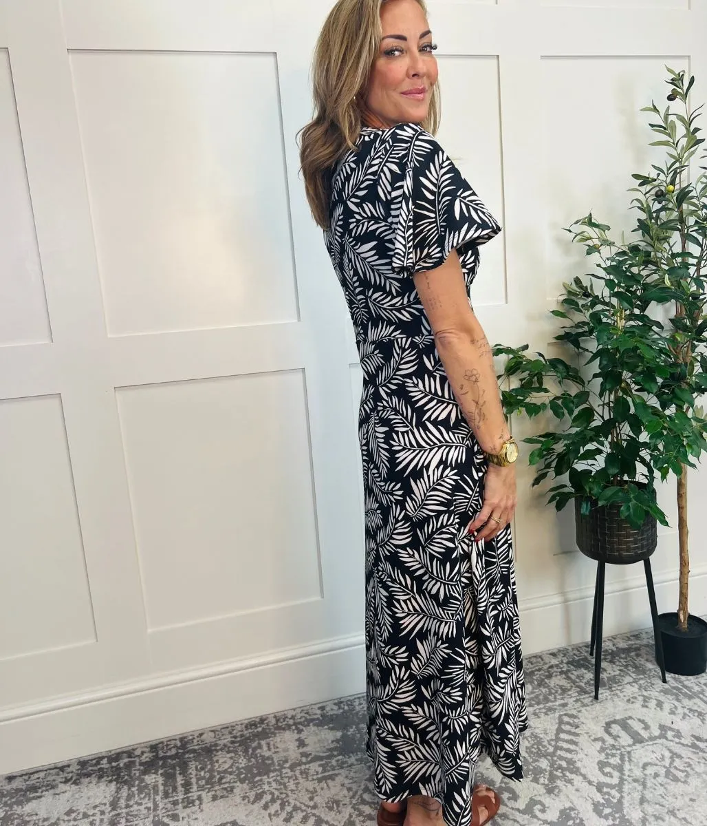 Black & Ivory Leaf Print Kate Midi Dress