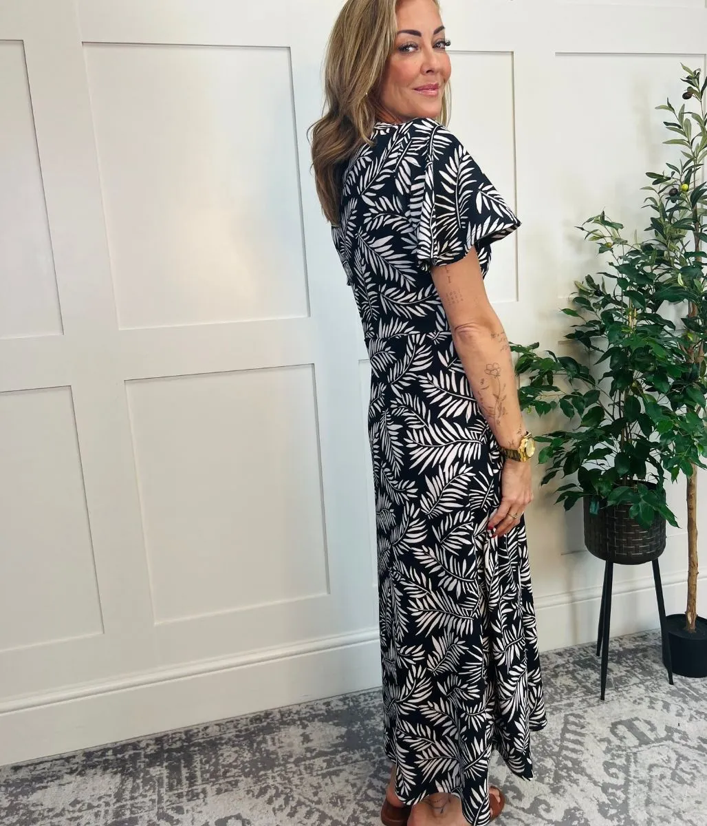 Black & Ivory Leaf Print Kate Midi Dress