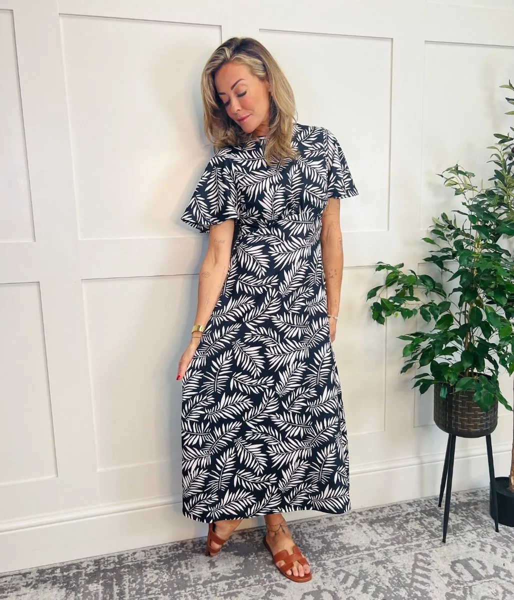 Black & Ivory Leaf Print Kate Midi Dress