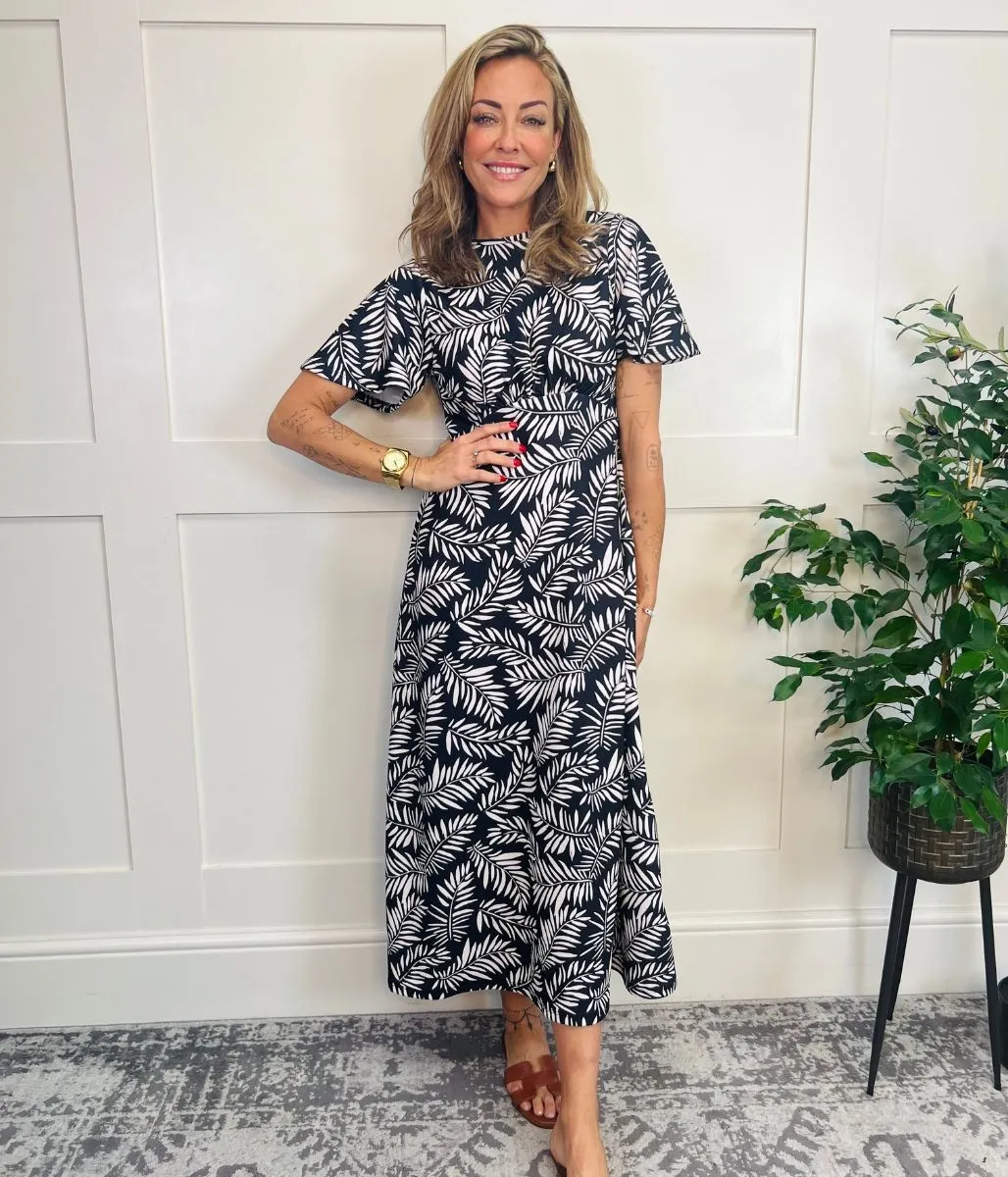 Black & Ivory Leaf Print Kate Midi Dress