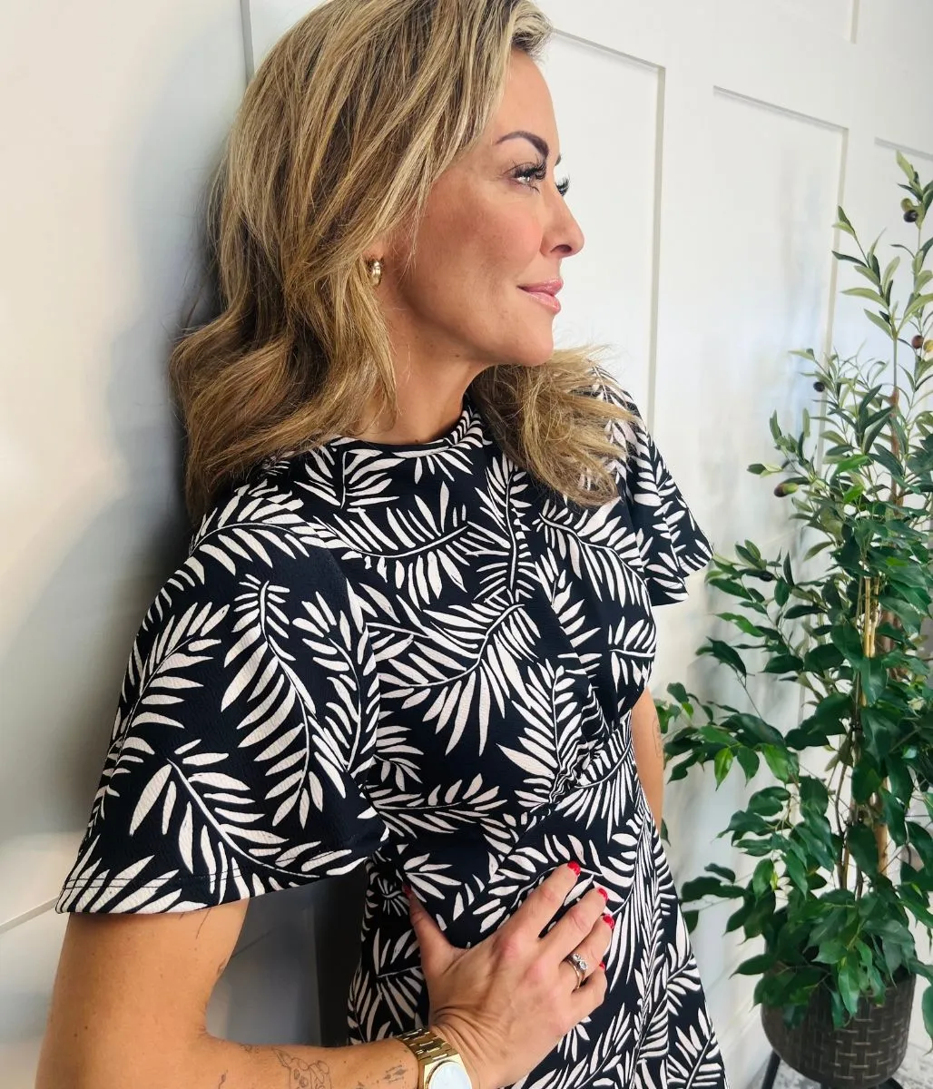Black & Ivory Leaf Print Kate Midi Dress