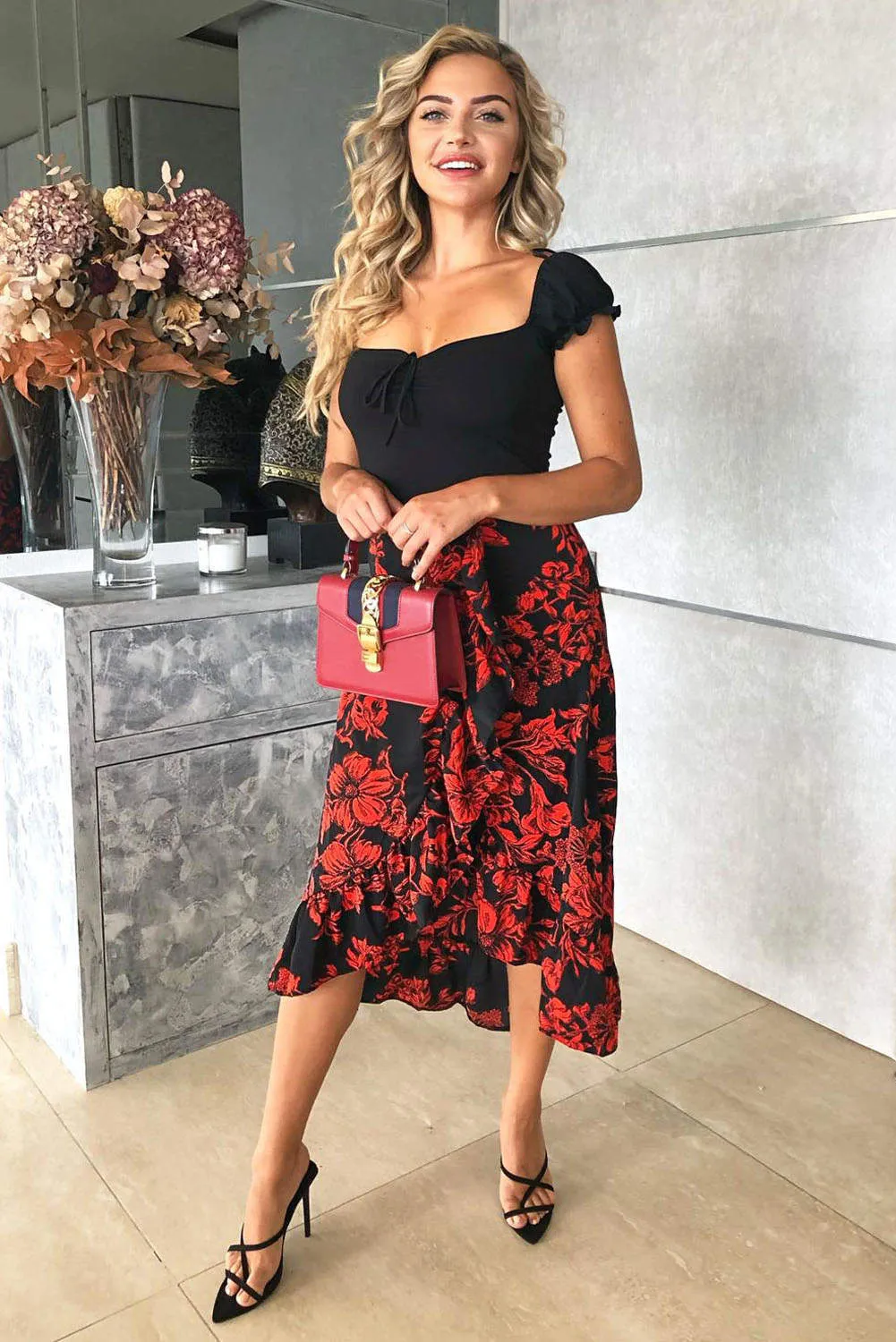 Black And Red Floral 2 in 1 Dress