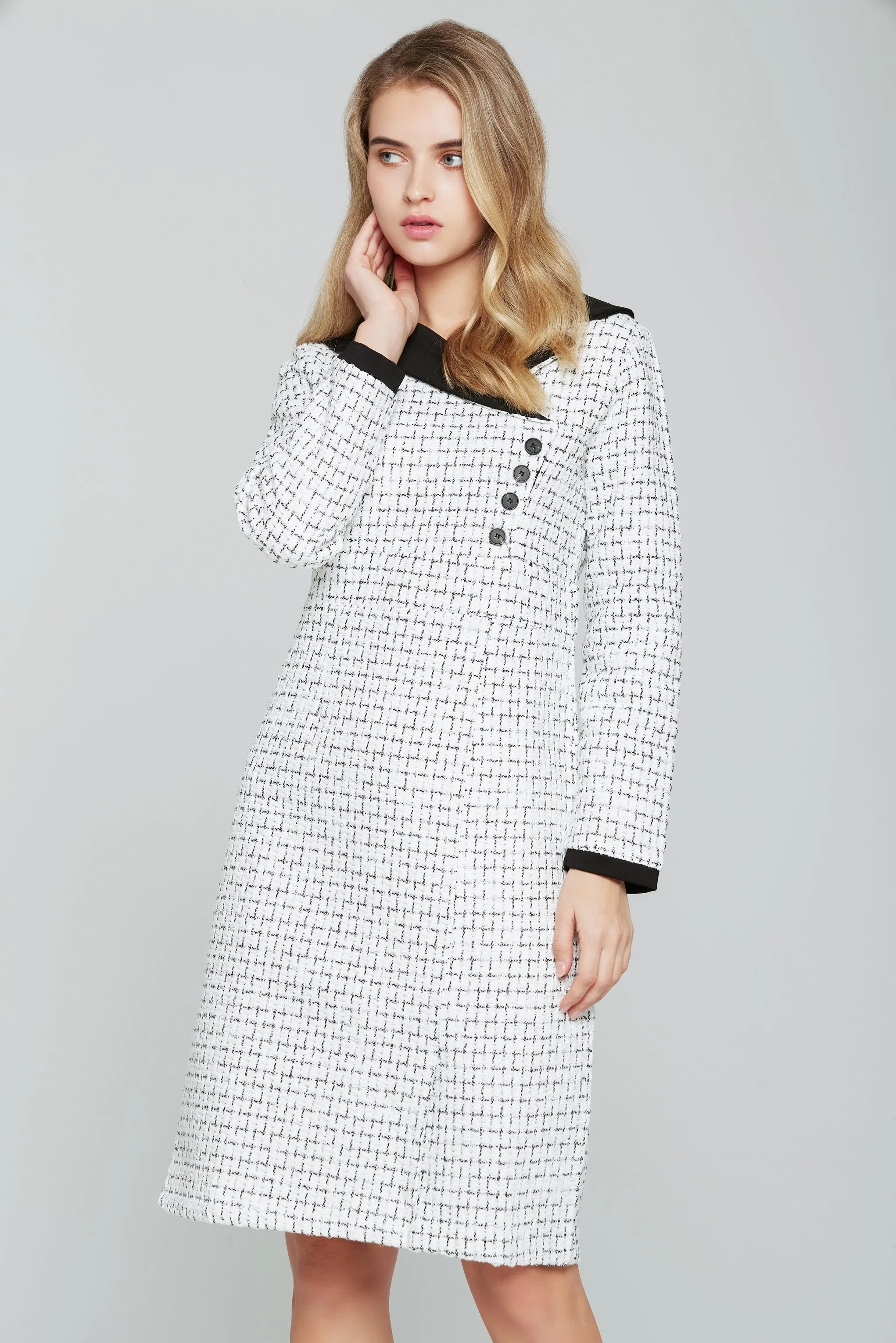 Black and White Tweed Full Sleeves Blazer Dress