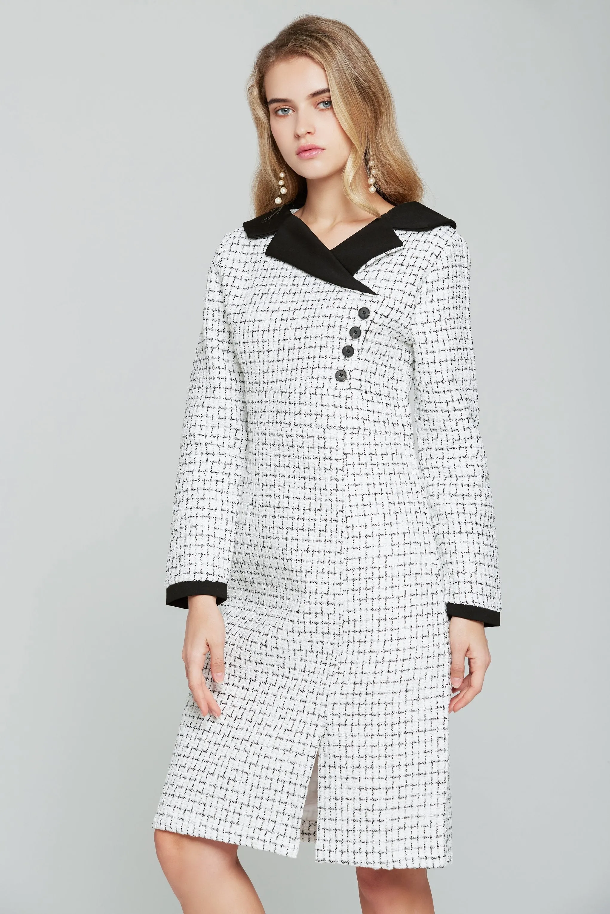 Black and White Tweed Full Sleeves Blazer Dress