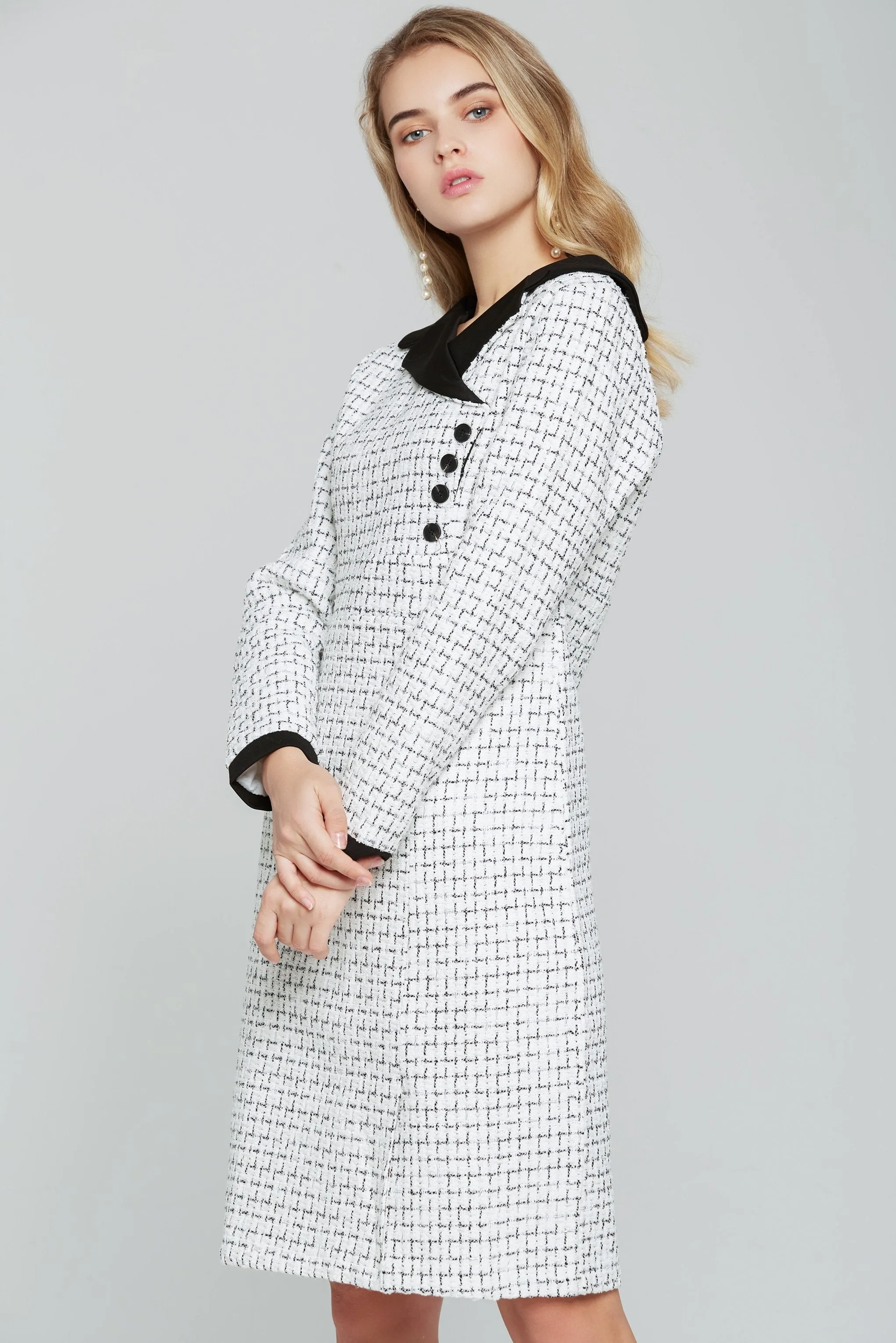 Black and White Tweed Full Sleeves Blazer Dress