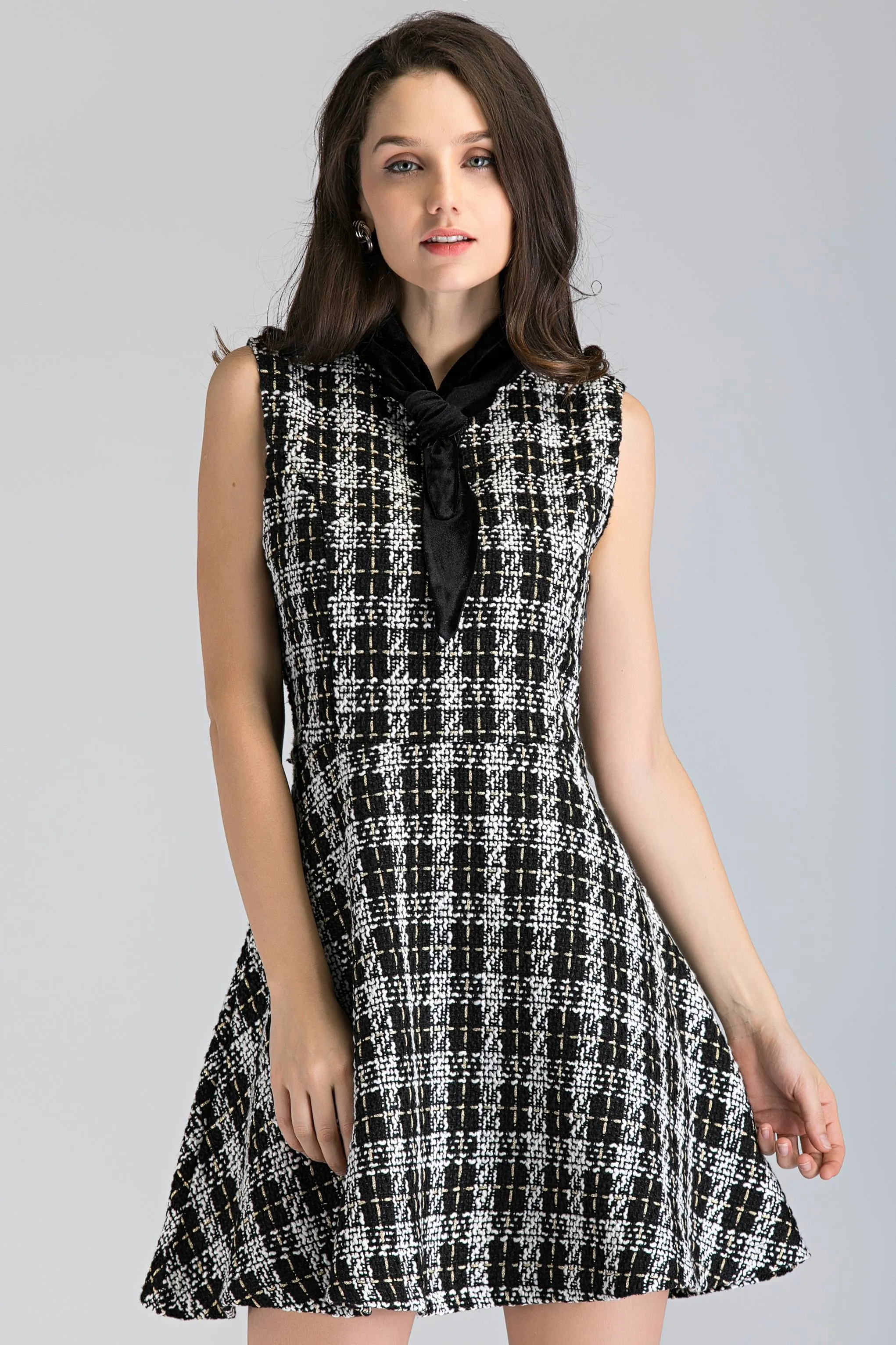 Black and White Tweed Sleeveless Midi Dress