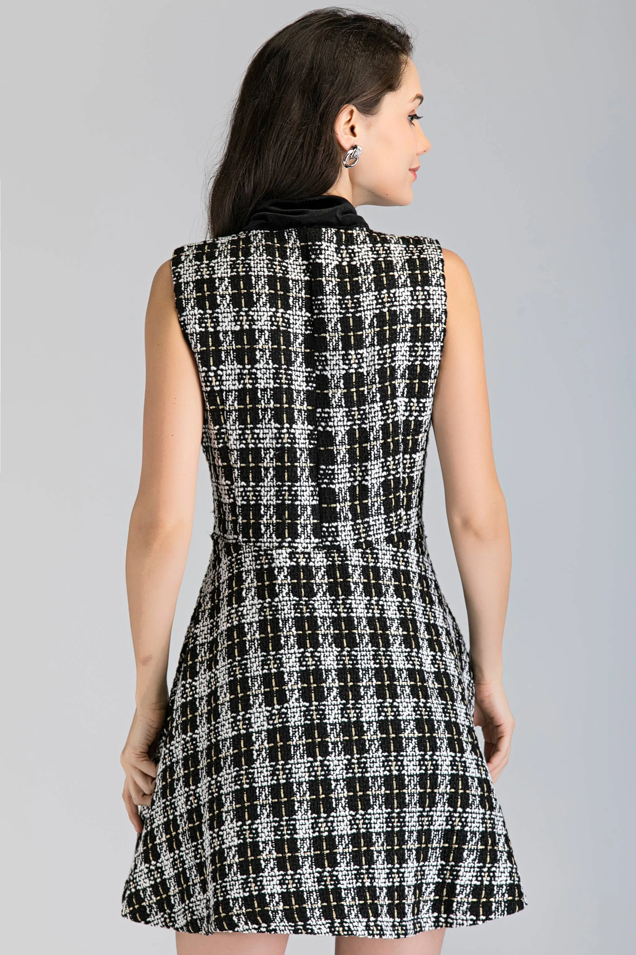 Black and White Tweed Sleeveless Midi Dress