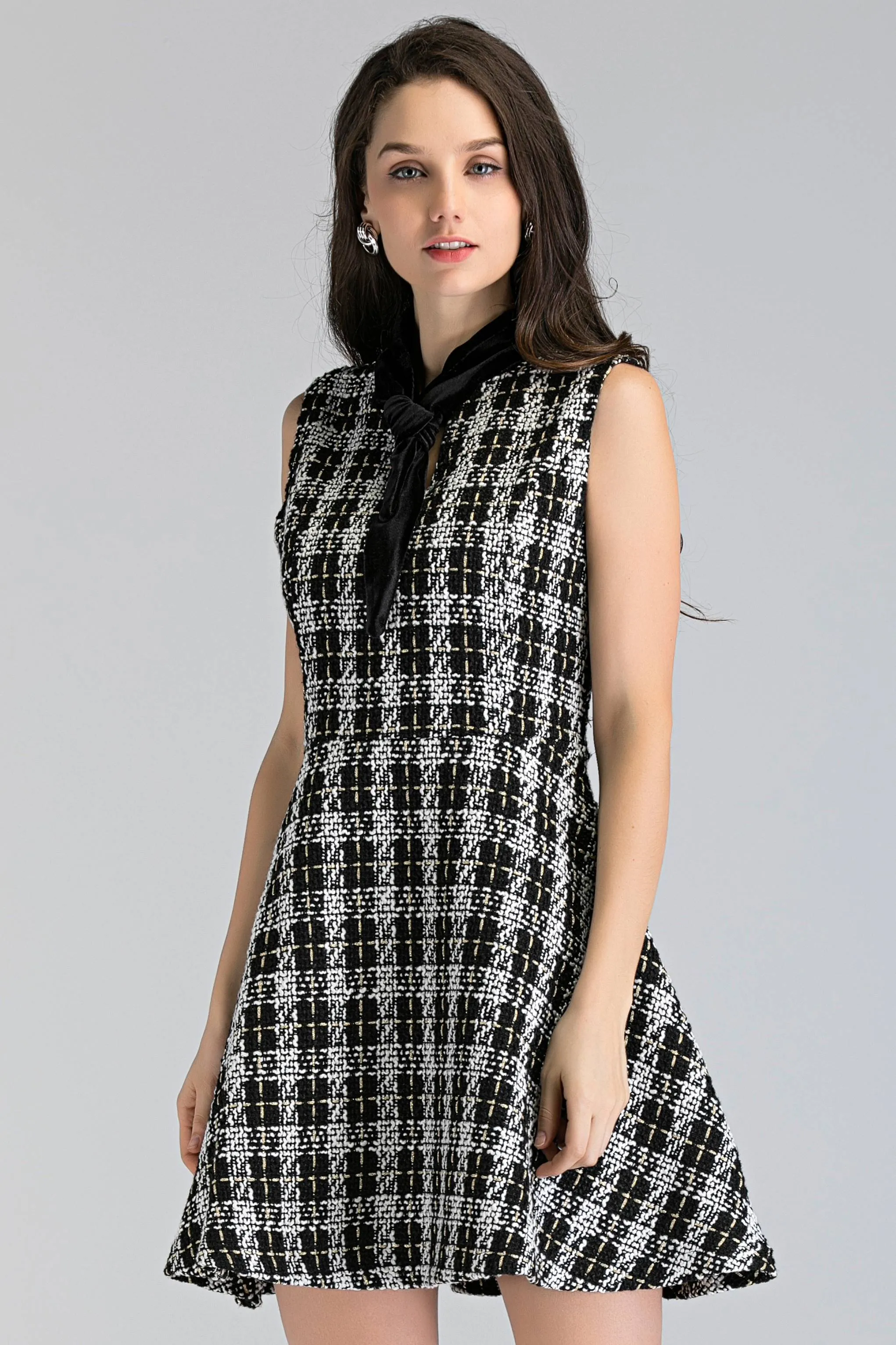 Black and White Tweed Sleeveless Midi Dress