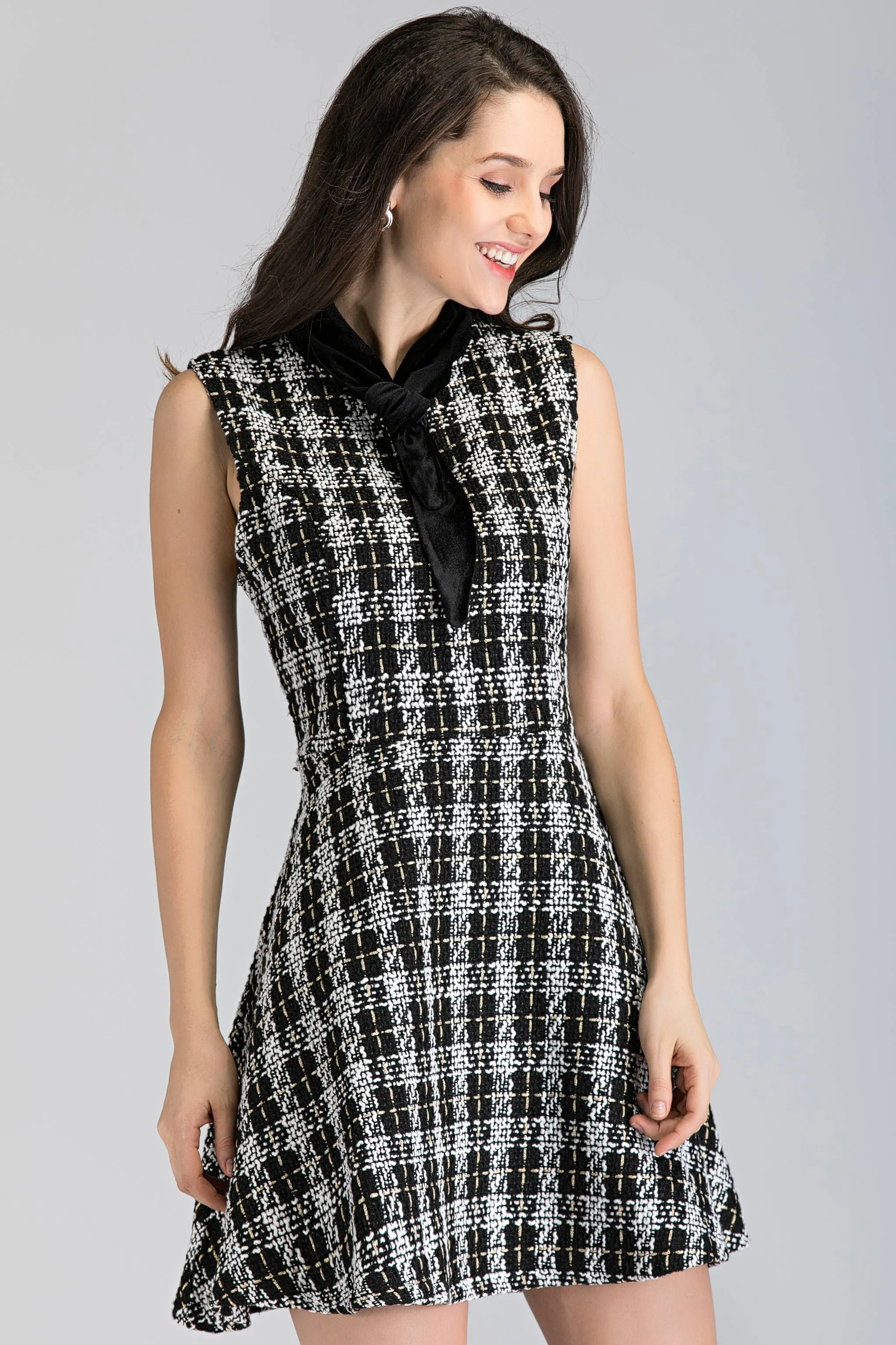 Black and White Tweed Sleeveless Midi Dress