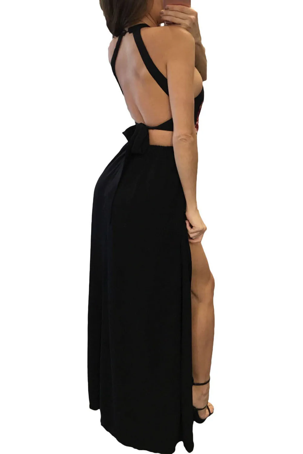 Black Floral Split Long Dress