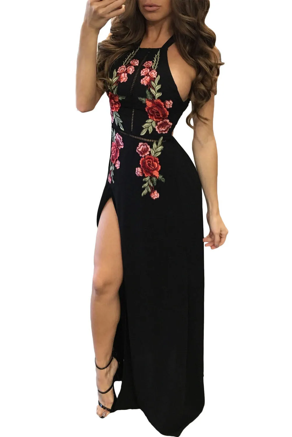 Black Floral Split Long Dress