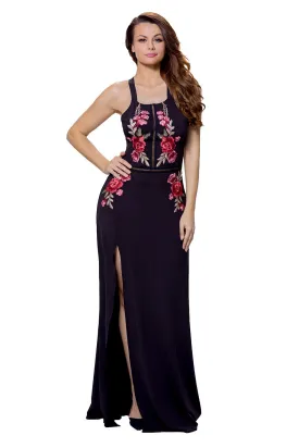 Black Floral Split Long Dress