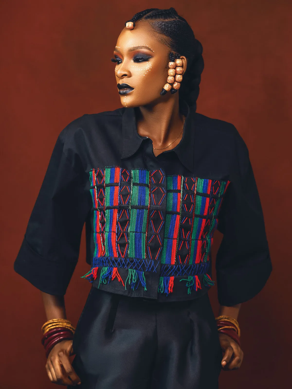 Elegant Black Fulani Embroidered Crop Top with Intricate Detailing