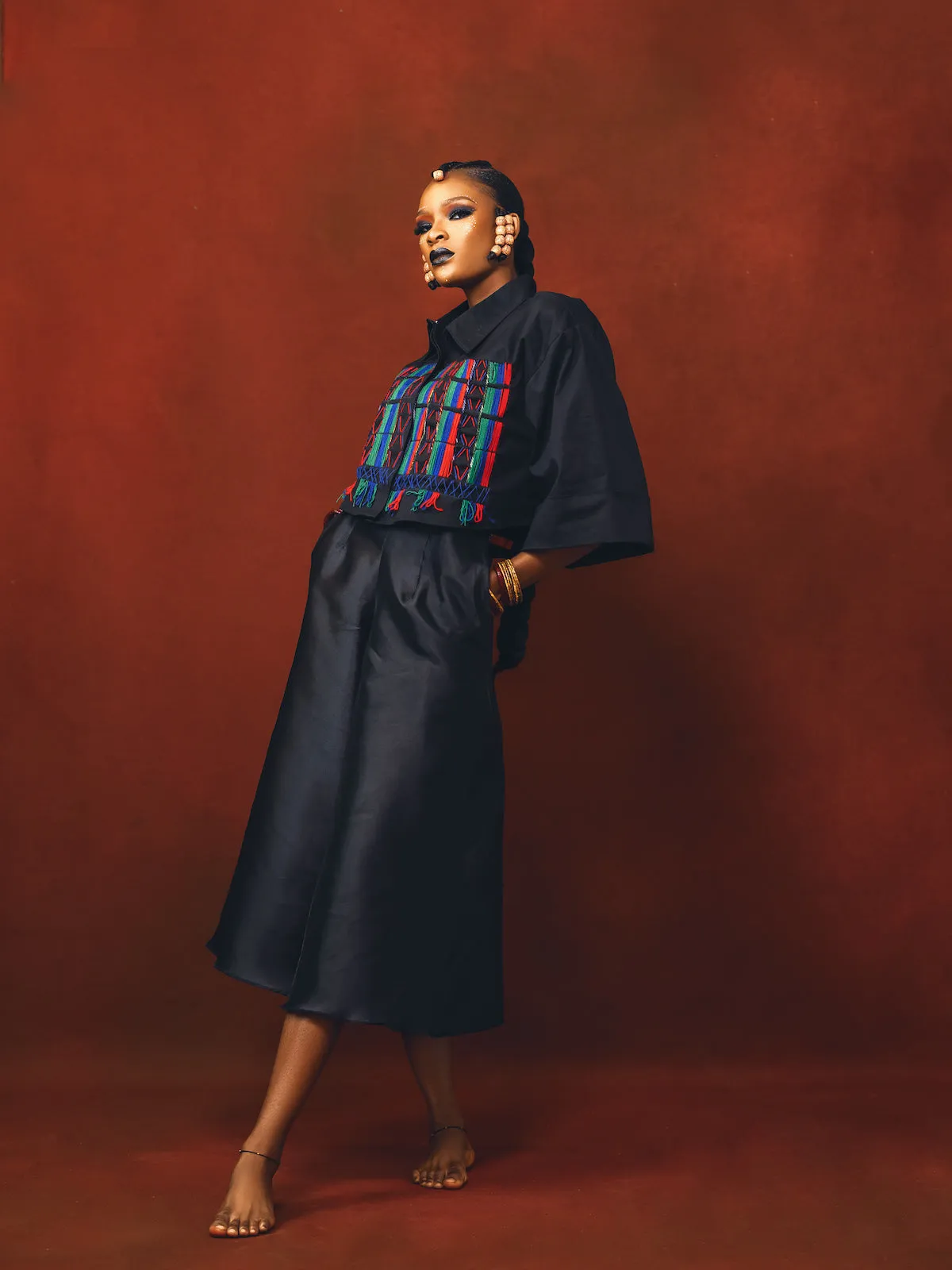 Elegant Black Fulani Embroidered Crop Top with Intricate Detailing