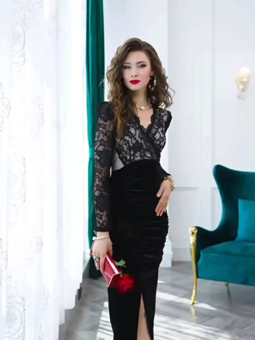 Black Long-Sleeve Lace Top Dress
