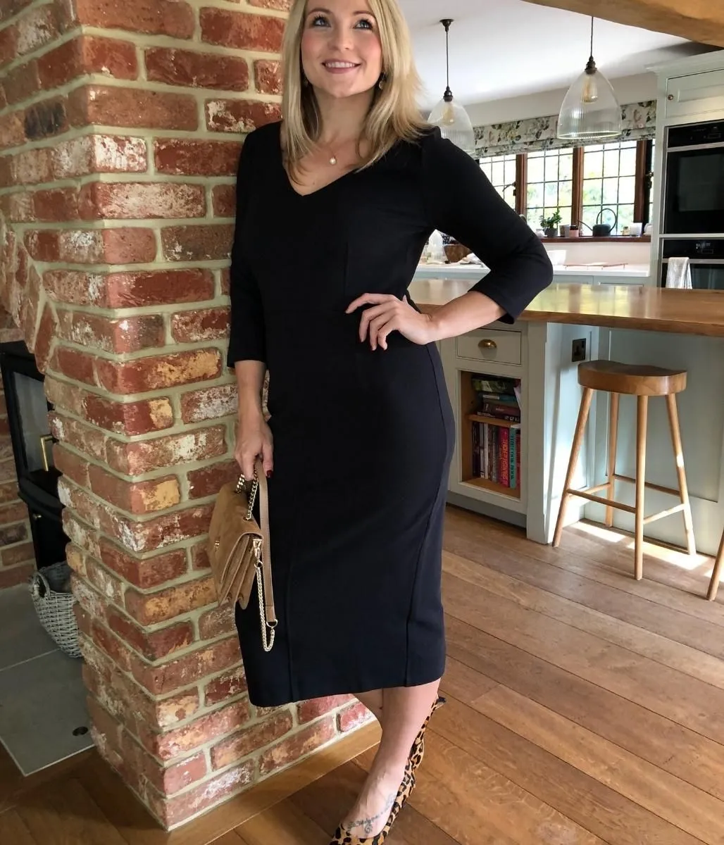 Black Ottoman Ribbed V Neck Dress