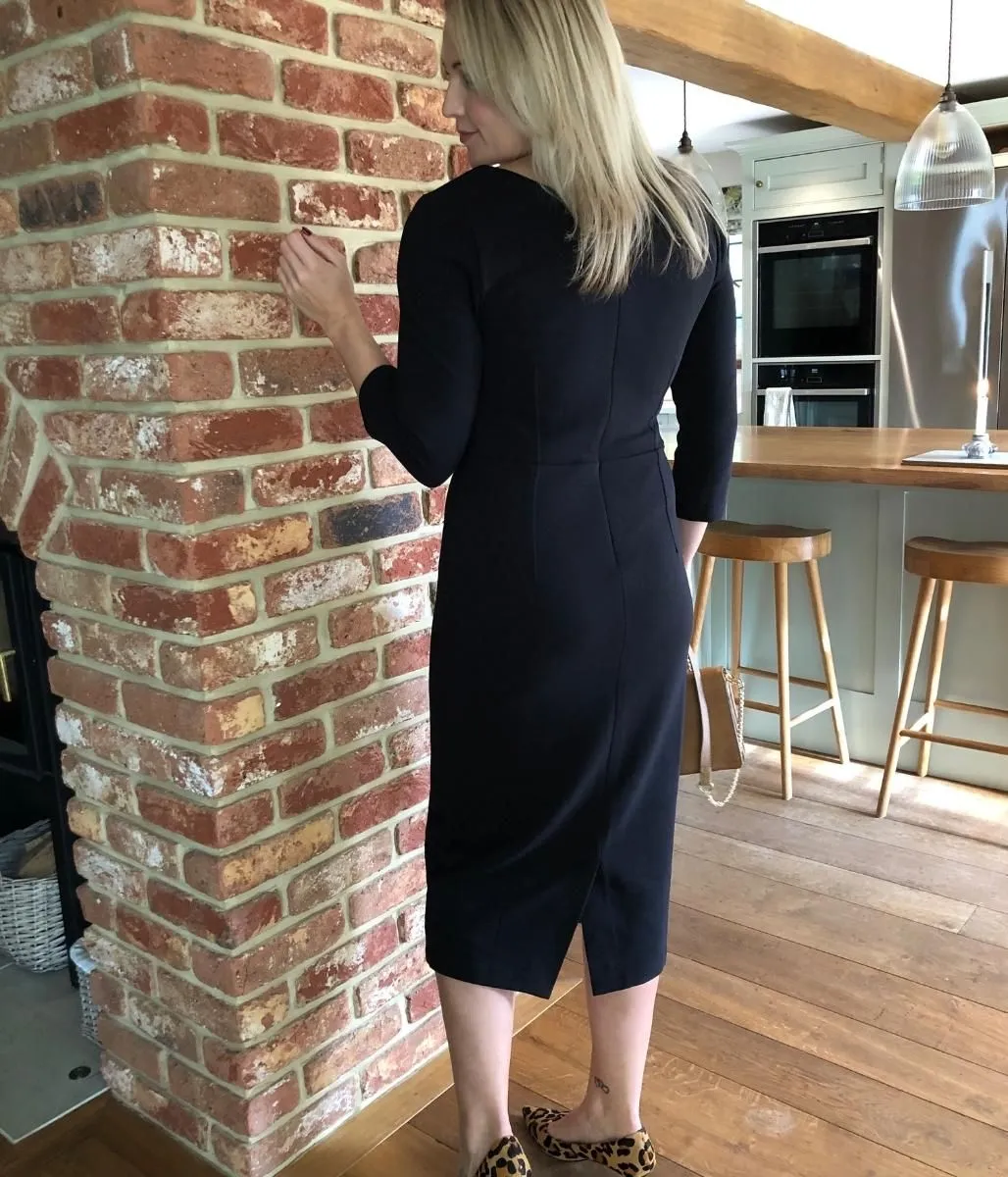 Black Ottoman Ribbed V Neck Dress