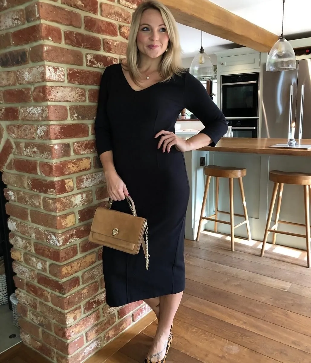 Black Ottoman Ribbed V Neck Dress