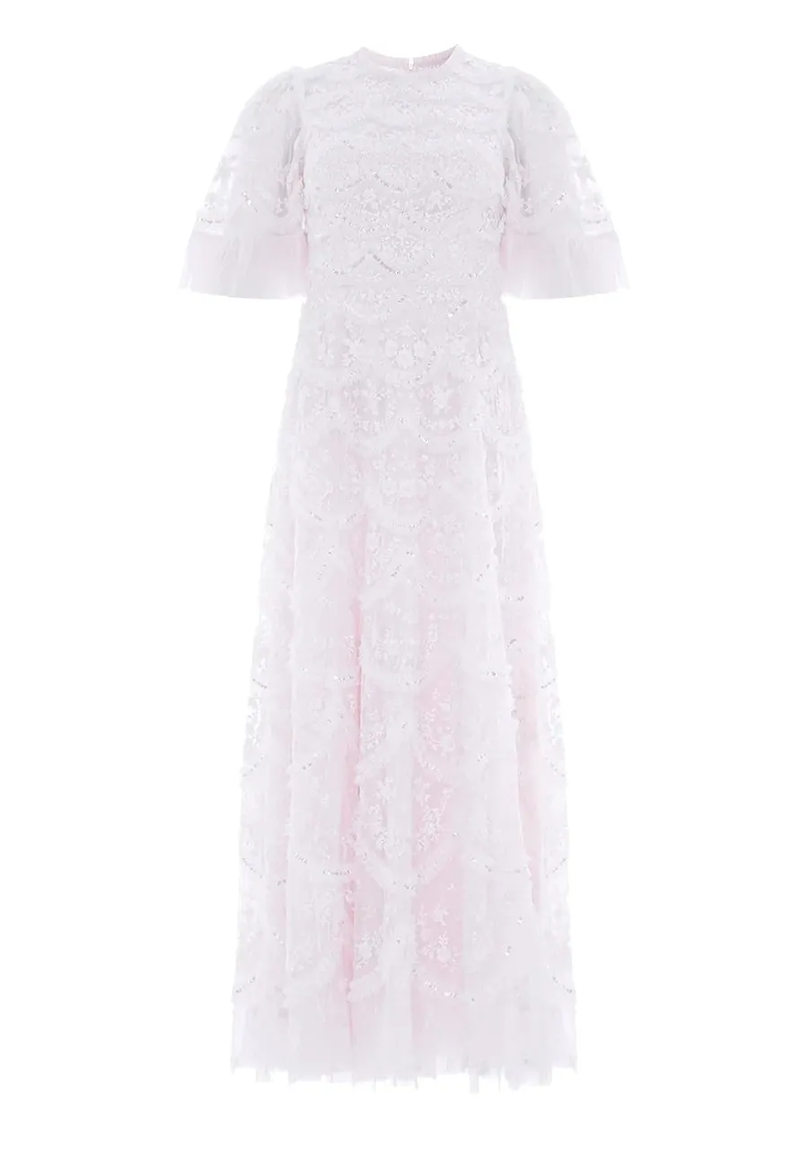 Elegant Blush Ruffled Gown with Lily Bloom Embellishments