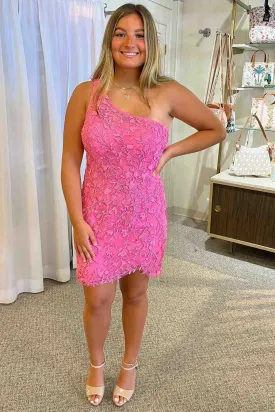 Bodycon One Shoulder Pink Lace Appliques Short Homecoming Dresses VK23062906