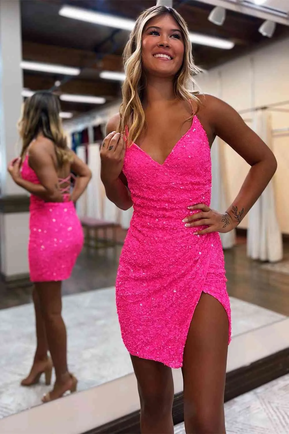 Bodycon V Neck Aqua Blue Sequins Tight Short Homecoming Dresses VK24082303