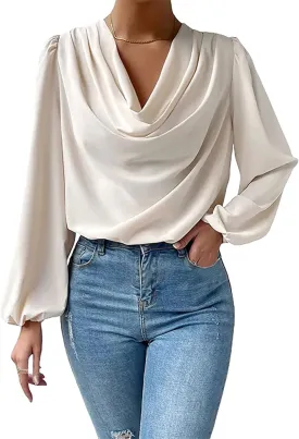BOFETA Women's Elegant Cowl Neck Satin Blouse Lantern Long Sleeve Shirts Work Solid Color Tunic Shirt