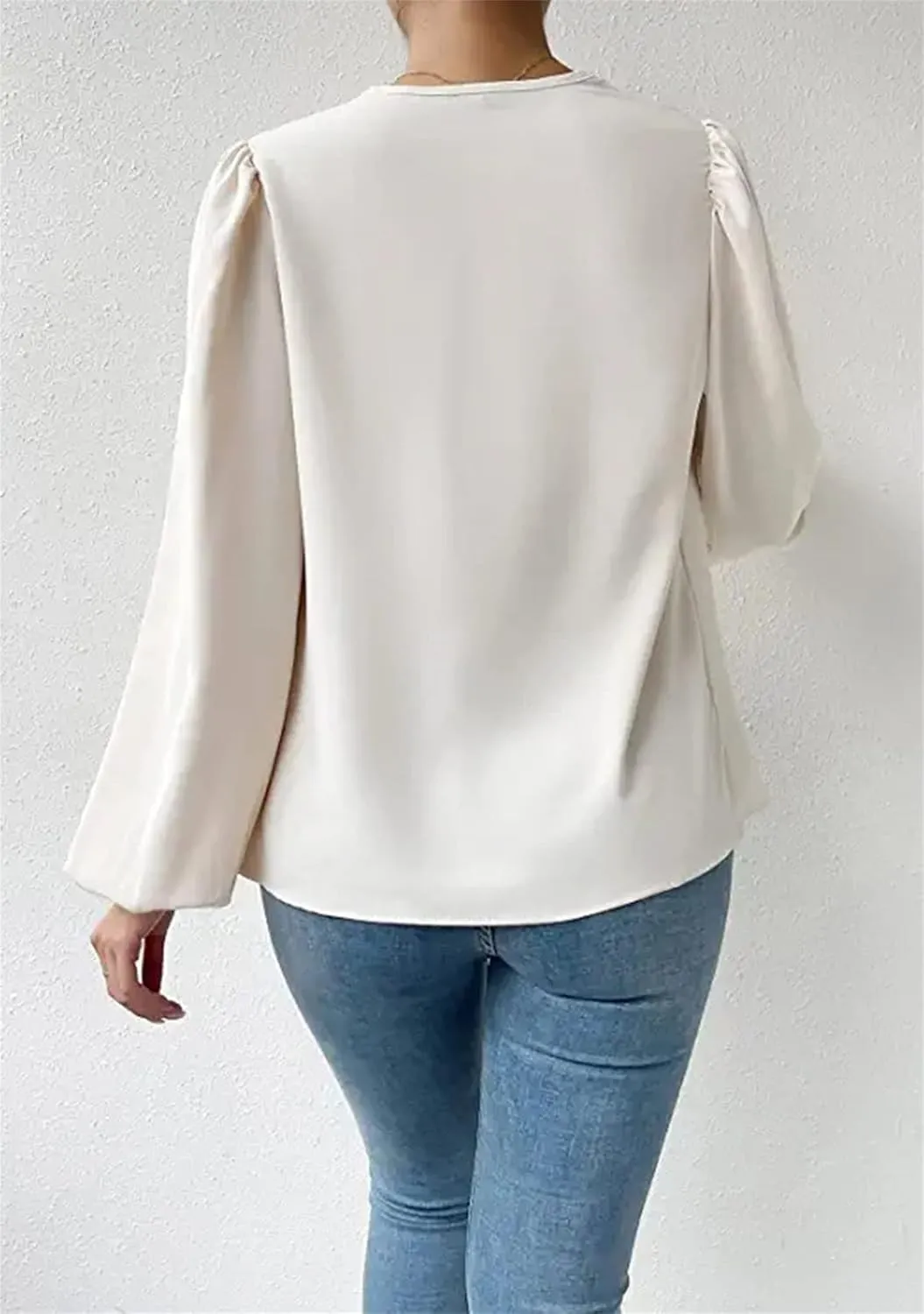 BOFETA Women's Elegant Cowl Neck Satin Blouse Lantern Long Sleeve Shirts Work Solid Color Tunic Shirt
