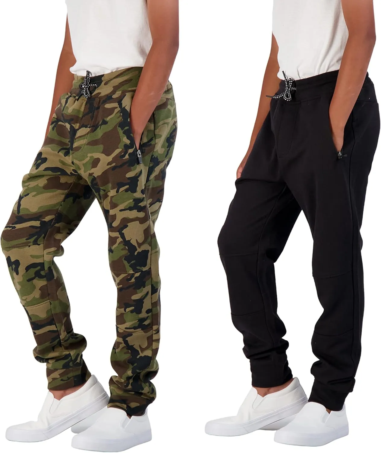 Boys 2-Pack Fleece Jogger Sweatpants with Zipper Pockets Pull on Pants for Kids